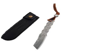 Högkvalitativ liten Damascus Fixad Blade Knife VG10 Damascus Steel Tanto Point Blades Full Tang Bamboo Handtag med läderhölje6210708