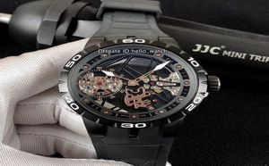 Neue Excalibur 46 Tourbillon PVD Schwarzer Stahl Case Rddbex0479 Skelettautautomatik Herren Uhr Schwarze Gummi -Gurt Uhren Hellowatch 61589124