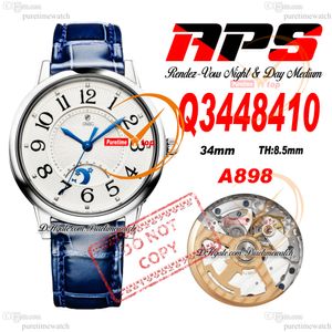 34mm Q3448410 A898 Automatic Womens Watch Rendez-Vous Night & Day APSF Steel Case White Textured Dial Blue Leather Super Edition Ladies Reloj Hombre Puretime PTJL