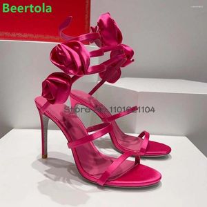 Elbise ayakkabıları çiçekler ince yüksek topuk yuvarlak ayak parmağı sandaletler için 2024 bahar ayak bileği sarma kayışları lüks tasarım yaz seksi zarif