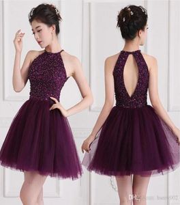 Prawdziwa próbka niestandardowa wykonana liniowa sukienki z domu seksowne fioletowe otwarte plecy błyszczące cekiny krótkie suknie ukończenia szkoły sukienki 9586716