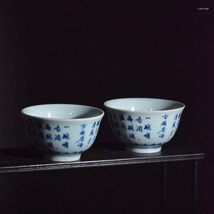 Tazze di piattini jingdezhen antichi blu e bianco porcellana calligrafia master coppa ceramica imitazione vecchia set di tè