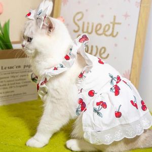 Dog Apparel Pet Dress Cherry Print Cat With Headgear Stylish Ruffled Sleeves Summer Clothing Supplies Puppy Kitten Vest Skirt
