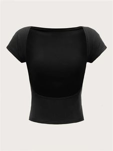 Womens O-neck Backless T-shirt Short Sleeve Solid Color Crop Top Summer Cute Baby Tee Y2K Clothes Bodycon Tunics Fashion Tank 240325