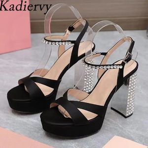 Rhinestone Chunky Heels Platform Sandals Women Wedding Shoes Satin Crystal High Heels 12.5 cm Gladiator Sandals Woman Sandalias 240329