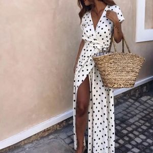 Summer Womens Beach Party Sexig Deep V Dot Split Short Sleeve Long Dress Floral Print Bohemian Shirt Chiffon 240411