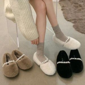 Casual Shoes Women's Plush Cotton Winter Outdoor Warm Snow Pur Flat Bottomed Lefu Lambhair Pearl Decoration Design Storlek 40 E777