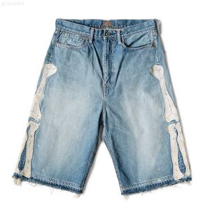 Jeans masculinos kapital hirata hohiro solto calças relaxadas lavagem osso bordados usados shorts jeans de borda crua para homens e mulheres casuais 230516 dx3h