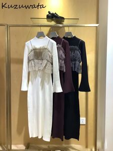 Kuzuwata Sweet Voile Sling Sets Sets Vestknit Elegant O Sece Long Slim Fit Dress Japan Fashion Casual Suits vestidos 240402