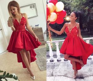 High Low Red Satin Homecoming Dresses V Neck Spaghetti Straps Lace Ruched Hilo Prom Dresses Short Mini Party Dresses2807576