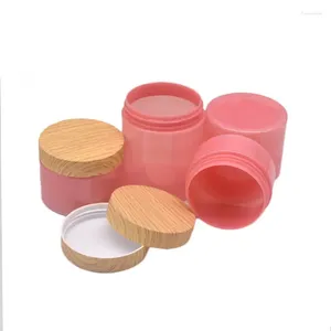 Depolama Şişeleri 100g 120g 150g 200g 250g Pembe Pet Kozmetik Ambalaj Şişesi Yanlış Ahşap Plastik Kapak Boş Yüz Kremi Doldurulabilir 24 PCS