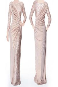 Na zamówienie Pearl Różowe długie rękawy Mother of Bride Sukienki na pary na ślubne szyi klejnot eleganckie podłogowe plisacją formalne 4393824