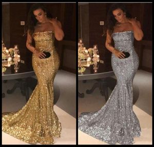 2020 New Sparkling Strapless Bling Sequins Mermaid Evening Dresses Silver Gold Sweep Train Formal Party Red Carpet Run Away Prom G5790310