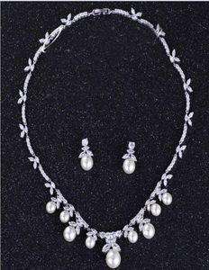 Brand New 2019 High Quality Exquisite Pearls Rhinestone Platinum Jewelry Necklace Earring Set For Wedding Bridal Prom Evening8658229