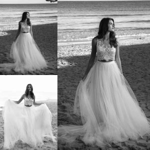 Dresses Two Pieces Wedding Dresses Lihi hod 2018 Lace Applique Bridal Dress Sweep Train Crystal Spring Beach Jewel Neck Beads Wedding Gown