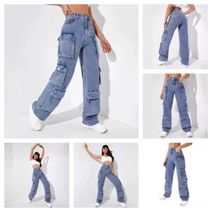 грузовые джинсы дизайнерские джинсы Женщины дизайнерские брюки Женщины грузовые брюки с высокой молнией полиэфирной джинсовой джинсовой ткани.