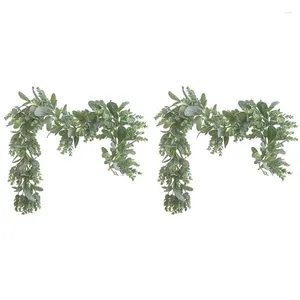 Decorative Flowers 2Pcs Lambs Ear Garland Greenery And Eucalyptus Vine / 38 Inches Long Light Colored Flocked Leaves