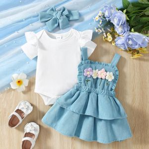 Kleidungssets Fokusnorm 3pcs schöne Baby Mädchen Sommerkleidung 0-18m Kurzärmel gerippte Strampler Häkelblumen Hosenträger Röcke Stirnband