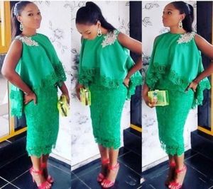 Aso ebi Style Women Cocktail Dresses Green Lace Tea Length Honsalique Dital With With Cloak 2019 Gheath Short Prom Dress3698611