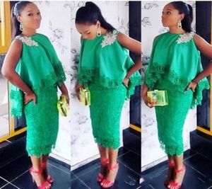 ASO EBI Style Women Chic Sukienki koktajlowe Zielona koronkowa herbata Długość aplikacji Formalne suknie z Cloak 2019 Pochwa krótka sukienka balowa 3698611