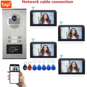 Intercom Tuya 7" Wifi Video Intercom Apartment Door Phone System 2~4 White Monitors Rfid Access Door Camera for 2~ 4 Apartment Family