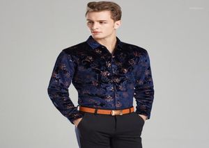 Men039S Casual Shirts Winter Thick Shirt Mens Velvet Dress Formell mönster Black Blue Silk Business Size M3XL19304828