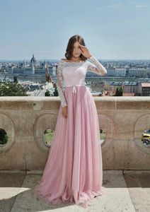 Abiti da festa maniche piene ballo lunghe avorio in pizzo rosa lunghezza del pavimento di tulle una linea abiti da sera formali da donna elegante