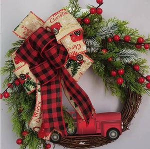 Decorative Flowers Red Truck Christmas Wreath Colorful Ribbon Simulation Farmhouse Decoration Pompom Wreaths Home Table Flores