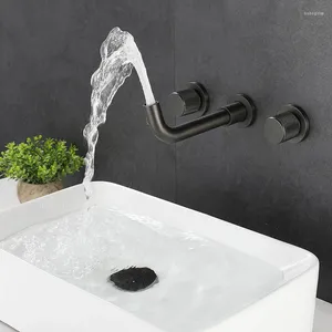 Bathroom Sink Faucets 2 Handle 3 Hole Wall Mounted Water Mixer Tap Knurling Gunmetal Grey Brushed Gold Vanity Faucet