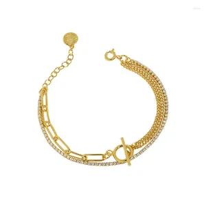 リンクブレスレット調整可能925スターリングシルバーCZ Pave Cup ChainとCurb Double Layered Boho Bracelet