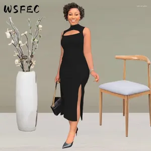 Casual Dresses WSFEC S-XL African Women Clothing 2024 mode Summer ärmlös ihålig delad bodycon sexig midi kvinnliga kläder