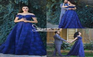2019 Royal Blue Off Shoulder Evening Dresses Lace Aline Prom Dresses Back Zipper Sweep Train Formal With Applique New Ankomst Par5318763