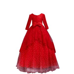 Dresses 2022 Red Lace unique Tulle Flower Gilr Dresses For Wedding Long Sleeve Princess Layers Bow Fall Winter Communion Party Formal Dres