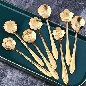 Kaffescoops 8st blomma liten tesked sked söt glass dessert silver guld rostfritt stål för te