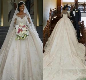 Dresses 2017 Sexy New Ball Gown Wedding Dresses Jewel Neck Long Sleeves Lace Appliques Beaded Puffy Chapel Train Sheer Back Plus Size Brid