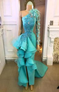 2020 nowy seksowny turkusowy łowca Sukienki na bal mat na kobiety podzielone kwiaty pióra syreny falbanowe sukienki wieczorowe Part3739089