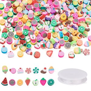 kits 400pcs 2 Pulseira de estiramento de estilo DIY Fazendo kits com polímero artesanal de argila tema de frutas 1 rolo elástico fios de cristal