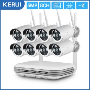 System Kerui H.265 8CH Outdoor WiFi Wireless Mini NVR 3MP Säkerhetskamera System System Video Surveillance Kit Face Detect Recorder CCTV