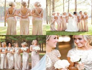 Hela Garden Golden Sequin Long Bridesmaid -klänningar med korta ärmar Juvelhals Billiga brudtärklänningar Bröllopsgäst DR5438291