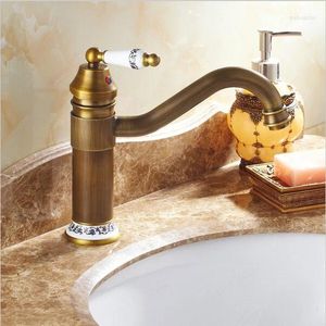 Bathroom Sink Faucets Antique Brass Faucet Finished &Cold Mixer Taps Deck Mounted Luxury Appearance With Blue And White Porcelain AF1003