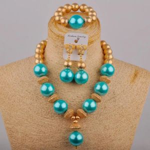 Werkzeuge neue afrikanische Braut Damen Mode Hochzeitsperlen Schmuck Nigerian Braut Hochzeit See Blau Glas Perlen Schmuck Set SH57