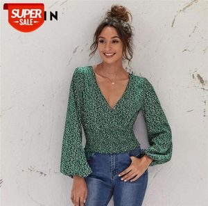 T-shirt Green Lantern Sleeve Ditsy Crop Top Autumn Long Wrap V Neck Shirred Hem Boho Womens Tops and Blouses Party #Eq3Q5856905