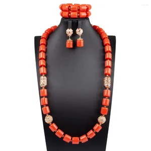 Necklace Earrings Set 30 Inches Costume Beads Bridal Artificial Coral African Jewelry For Women Gift ABG124