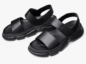 Sandaler svart äkta läder romerska sommar sandaler mäns lyxkvalitet mjuk läder platt gladiator män skor strandskor