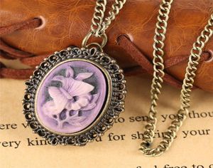 Retro Steampunk Purple Blumen Schmetterlingsmuster Little kleine Taschenuhr Halskette Anhänger Quarz Uhren Geburtstagsgeschenk für Lady G1248457