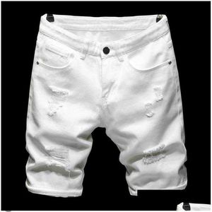 Mens Jeans Summer Pure White Black Lightweight Ripped Denim Shorts Classic Brand Clothing Young Mens Slim Stis Casual Drop Deli DHLFQ LSIA