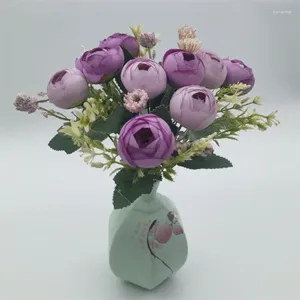 Decorative Flowers Silk Artificial Tea Roses Bouquet Fake Home Bedroom Decoration Simulation Flower Purple Peony Floral Green Plant