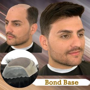 Toupees Bond Base Base 100% Human Hair Men Toupee Hair Push for Men Remy Hair Fine Mono Lace com Pu Durável de alta qualidade