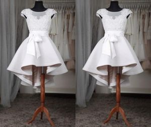 White Short Homecoming Dresses Sheer Neck Cap Sleeves Appliques Lace Satin Custom Made High Low Prom Dresses Fast 1617032