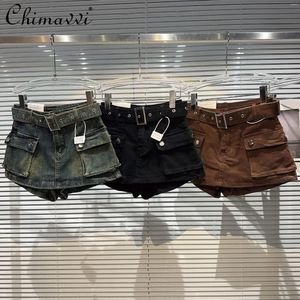 Damen-Shorts Girl Denim 2024 Sommer Retro American Large Pocket Belt Pantskirt Dreipunkt Jean Short Pants Mode